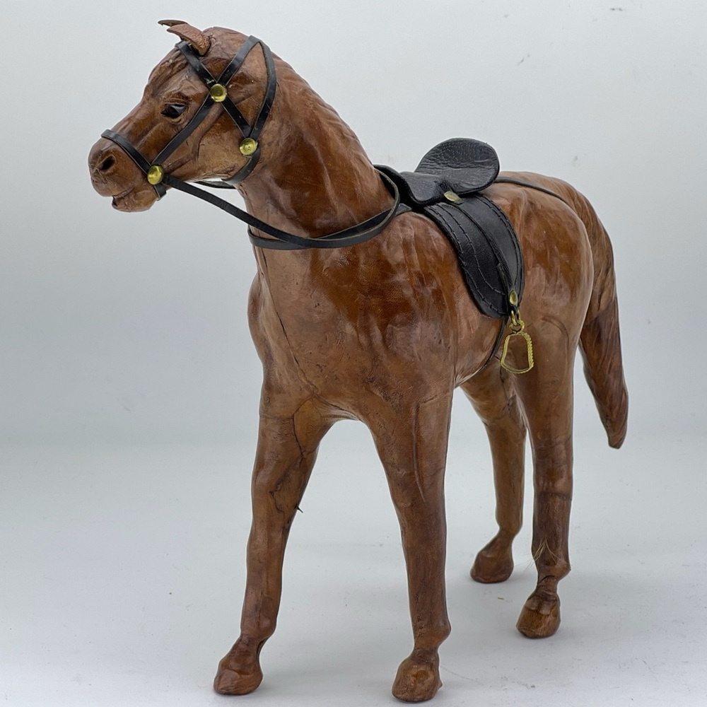 Vintage Leather Horse Sculpture Figurine Statue Saddle Glass Eyes Equestrian Art